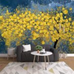 Papier peint – Arbres jaunes sur fond bleu nuit