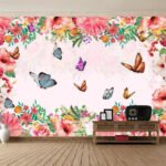 Papier peint – Papillons multicolores et cadre fleuri