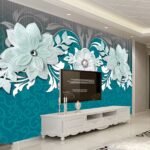 Papier peint – Fleurs blanches en relief sur fond turquoise