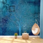 Papier peint – Arbre doré sur fond bleu texturé