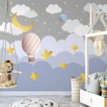 Papier peint – Montgolfière, lune et étoiles pastel