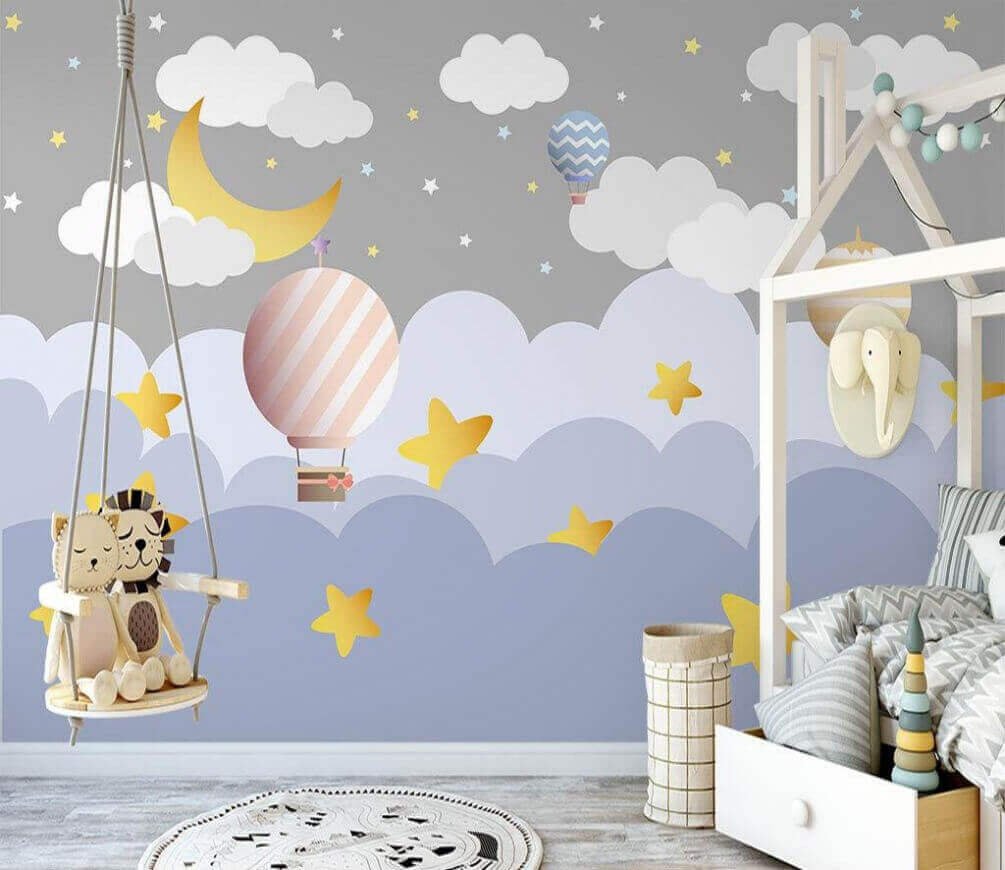 u36792pir1m.jpg Papier peint – Montgolfière, lune et étoiles pastel – Image 1