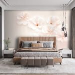 Papier peint – Fleurs blanches et roses sur fond gris
