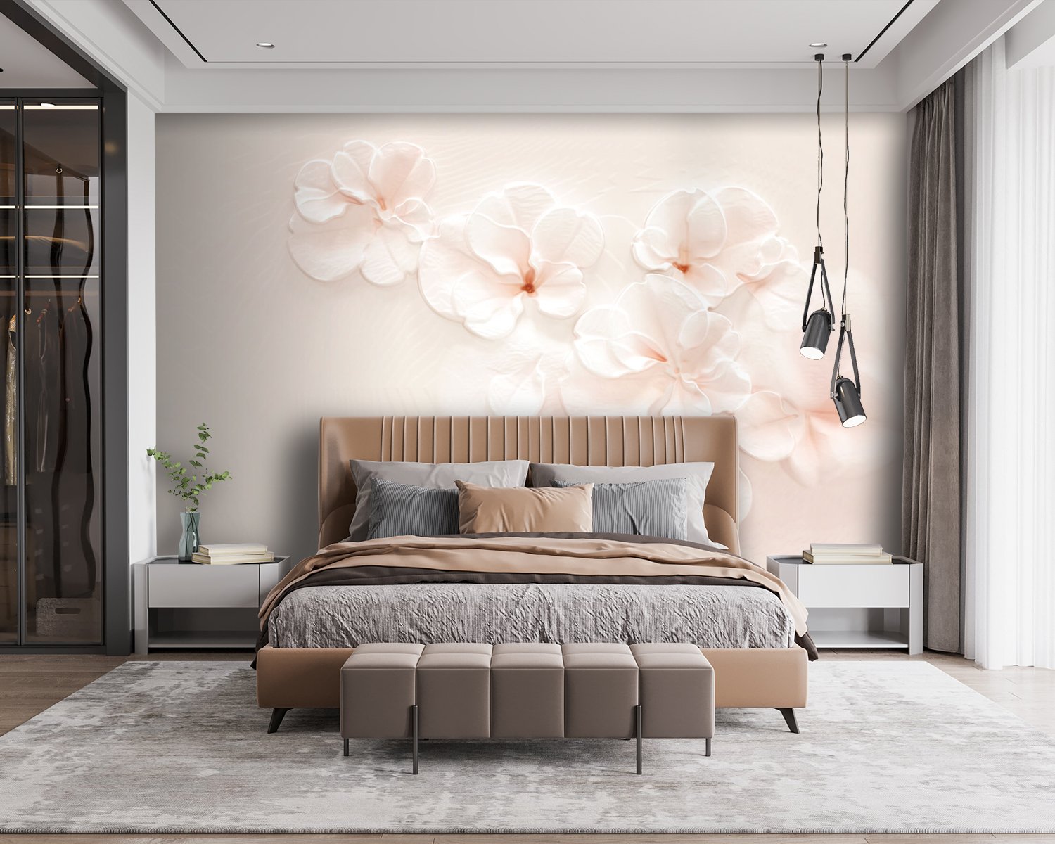 u37030pib115m.jpg Papier peint – Fleurs blanches et roses sur fond gris – Image 1