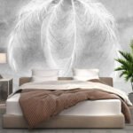 Papier peint – Deux plumes blanches sur fond gris