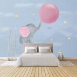 Papier peint – Éléphant porté par des ballons roses