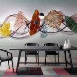 Papier peint – Feuilles colorées et volutes abstraites