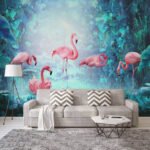 Papier peint – Flamants roses dans une jungle turquoise