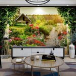 Papier peint – Jardin fleuri et petite maison