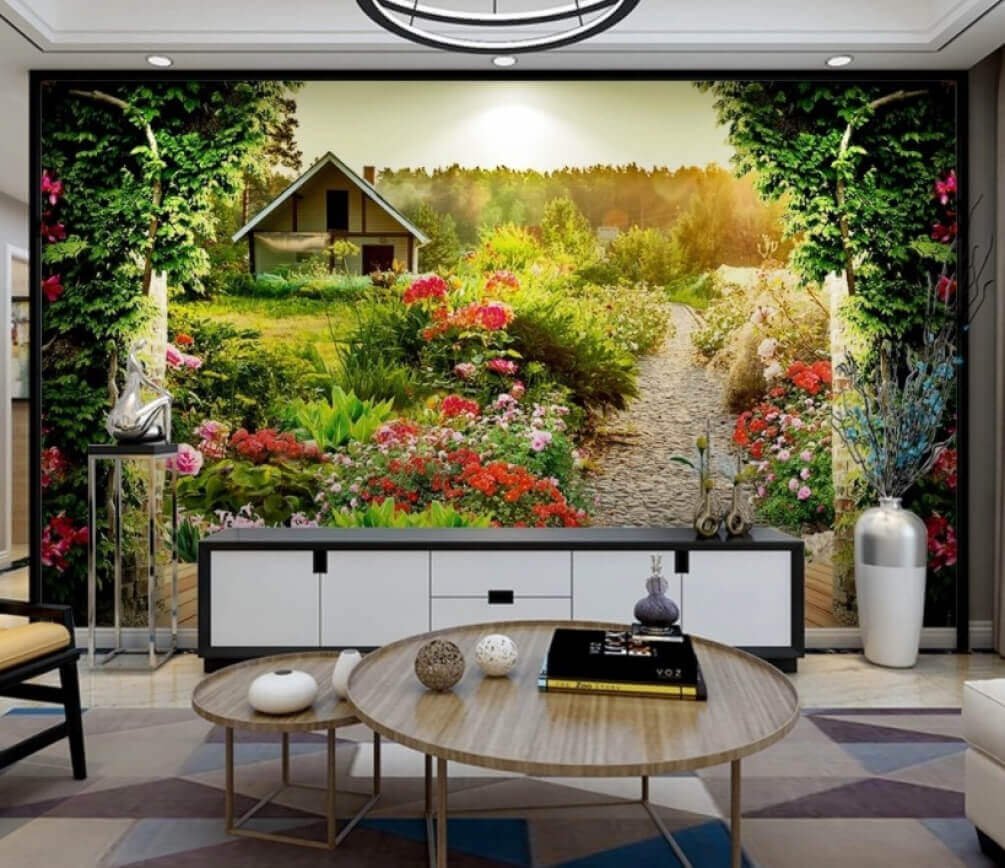 u42243piq1m.jpg Papier peint – Jardin fleuri et petite maison – Image 1