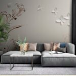 Papier peint – Branches fleuries blanches et papillons