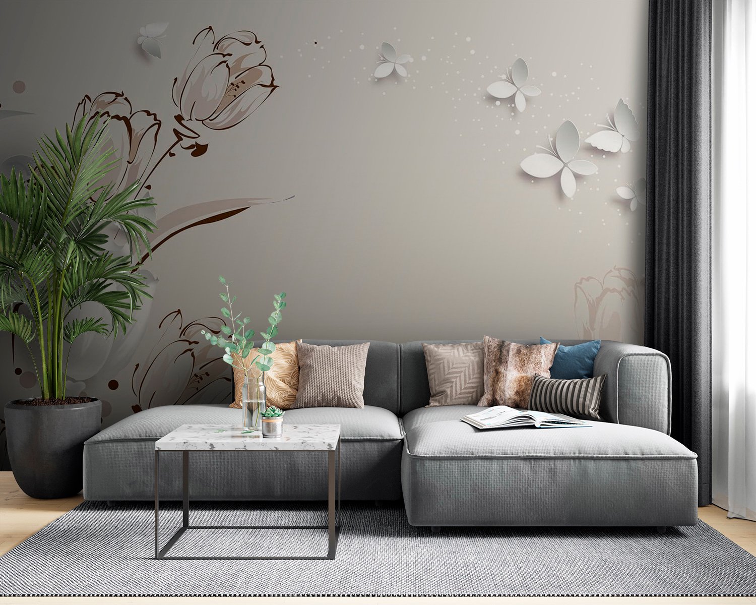 u42642pig53m.jpg Papier peint – Branches fleuries blanches et papillons – Image 1