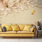 Papier peint – Fleurs dorées en relief et papillons