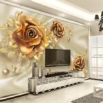 Papier peint – Roses dorées et ornements en relief