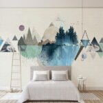 Papier peint – Forêt et montagnes géométriques en aquarelle