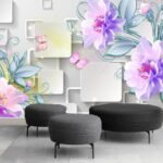 Papier peint – Fleurs violettes et cubes blancs