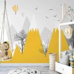 Papier peint – Montagnes jaunes et animaux de la savane