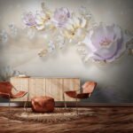 Papier peint – Fleurs mauves et dorées en relief