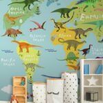 Papier peint – Dinosaures illustrés sur fond vert