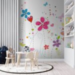 Papier peint – Fleurs et papillons multicolores