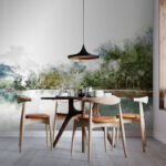 Papier peint – Paysage lacustre vert en aquarelle