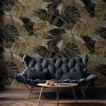 Papier peint – Feuilles tropicales dorées sur fond noir