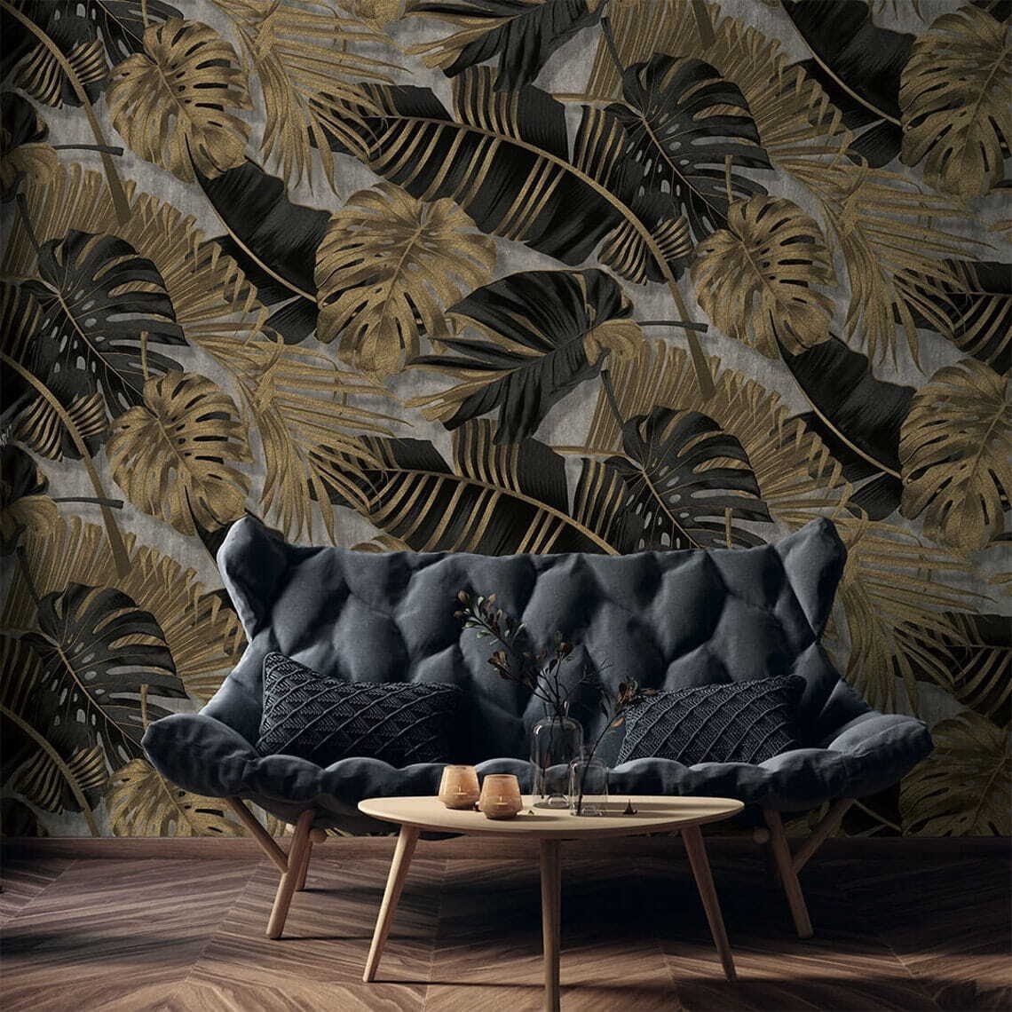 u53280pig1m.jpg Papier peint – Feuilles tropicales dorées sur fond noir – Image 1