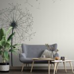 Papier peint – Pissenlit au trait et feuilles vertes