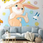 Papier peint – Lapin souriant et papillons