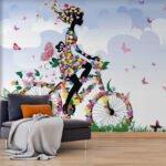 Papier peint – Cycliste multicolore et papillons