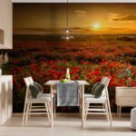 Papier peint – Champ de coquelicots au coucher du soleil