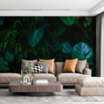 Papier peint – Feuilles tropicales vertes sur fond noir
