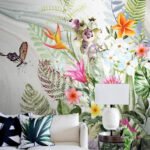 Papier peint – Fleurs multicolores et papillons sur fond blanc