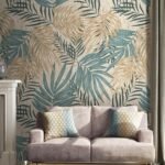 Papier peint – Palmes bleues et beiges en motifs