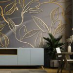 Papier peint – Feuilles dorées au trait sur fond gris
