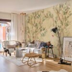Papier peint – Oiseaux et branches fleuries sur fond beige