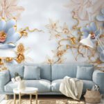 Papier peint – Fleurs bleues et arabesques dorées