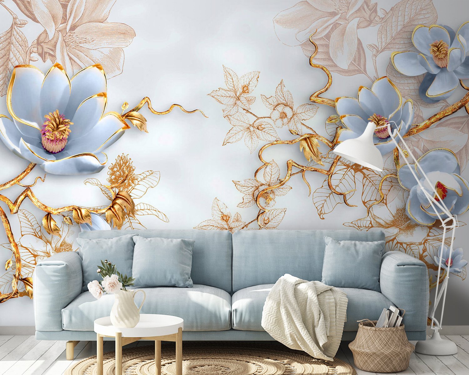 u60416v2pig14m.jpg Papier peint – Fleurs bleues et arabesques dorées – Image 1