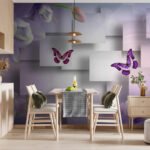 Papier peint – Papillons violets et volumes blancs
