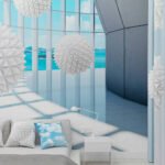 Papier peint – Sphères blanches et perspective turquoise