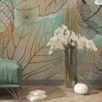 Papier peint – Feuilles aux nervures dorées sur fond turquoise