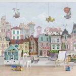 Papier peint – Façades colorées et montgolfières