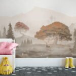 Papier peint – Arbres d’automne et forêt brumeuse