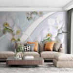 Papier peint – Orchidées blanches et courbes grises