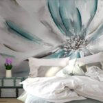 Papier peint – Fleur turquoise au trait sur fond clair