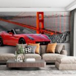 Papier peint – Voiture rouge et pont suspendu