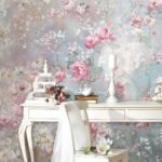 Papier peint – Petites roses sur fond bleu patiné