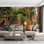Papier peint – Escalier en pierre dans un jardin fleuri
