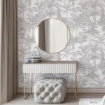 Papier peint – Feuillage tropical gris et blanc