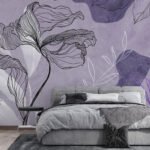Papier peint – Fleur au trait noir sur fond mauve
